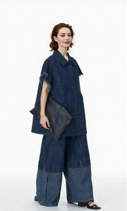 Oversized Frayed Sleeve Denim Shirt – Edgy Vintage Layer-SimpleModerne