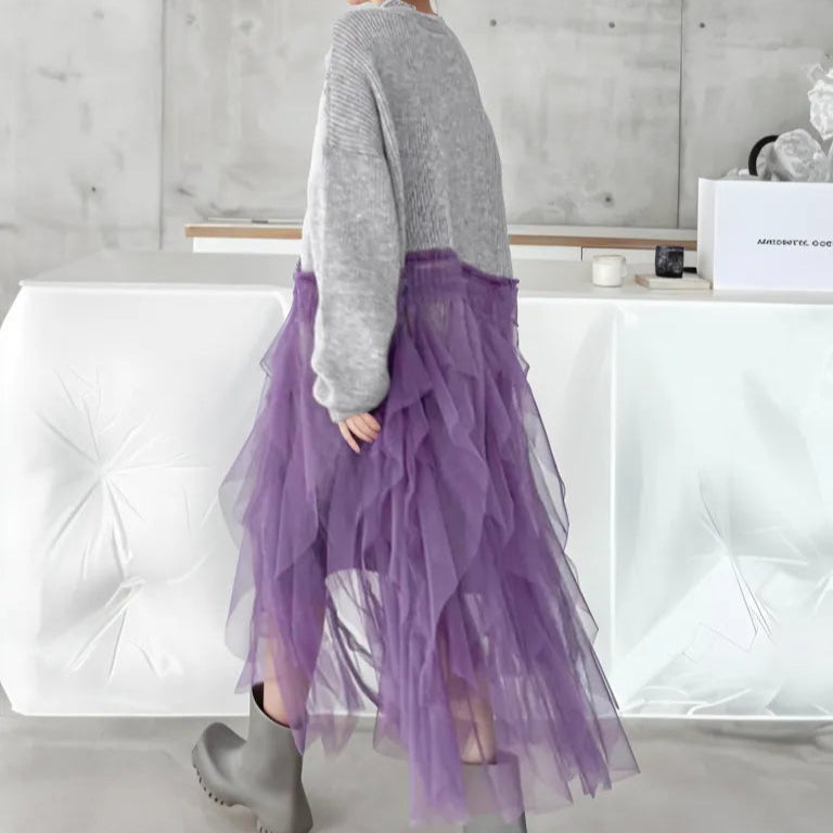 Chunky Oversized Gray Cardigan with Chic Purple Tulle Overlay – Gothic-Inspired Design-SimpleModerne