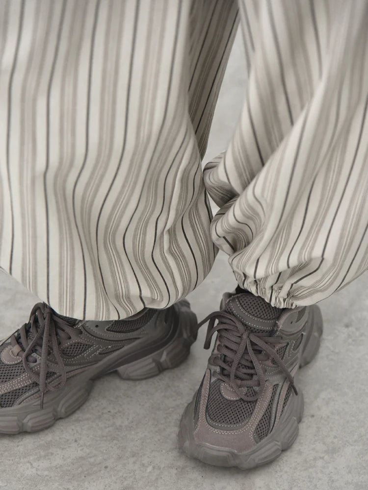 Sand Striped Relaxed Balloon Trousers-SimpleModerne