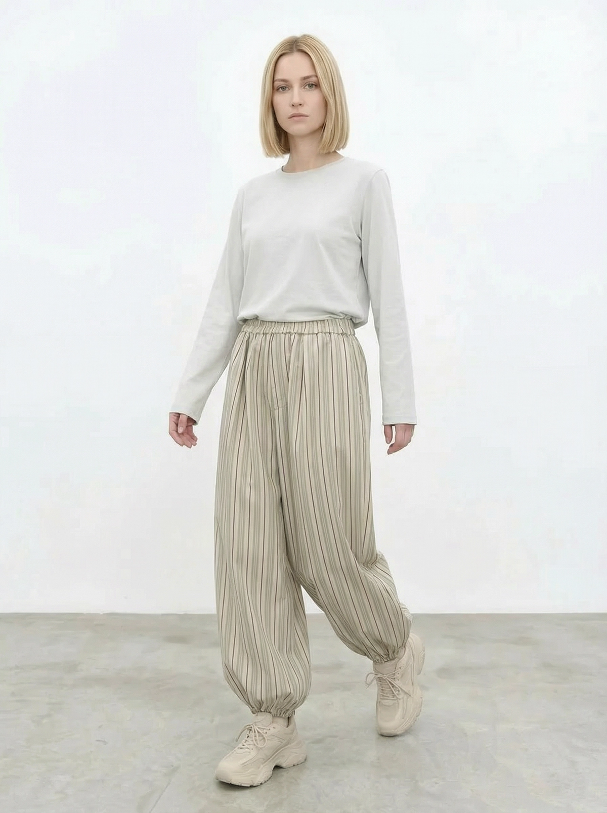 Sand Striped Relaxed Balloon Trousers-SimpleModerne