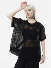 Sheer Lace Overlay Top – Short Sleeve, Relaxed Fit, Statement Layering Piece-SimpleModerne
