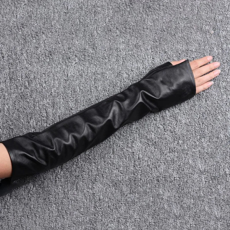 Minimalist Goth Fingerless Leather Gloves – Long Edge Arm Warmers-SimpleModerne