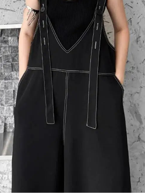 Casual Minimal Goth Contrast Stitch Wide-Leg Jumpsuit-SimpleModerne