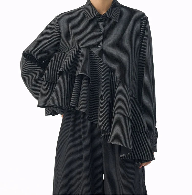 Asymmetrical Ruffle Pinstripe Shirt-SimpleModerne