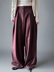 Sculpted Drape Wide-Leg Trousers – Gray or Wine Red-SimpleModerne