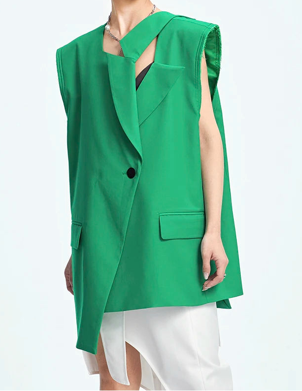 Asymmetric Raw-Edge Sleeveless Blazer-SimpleModerne