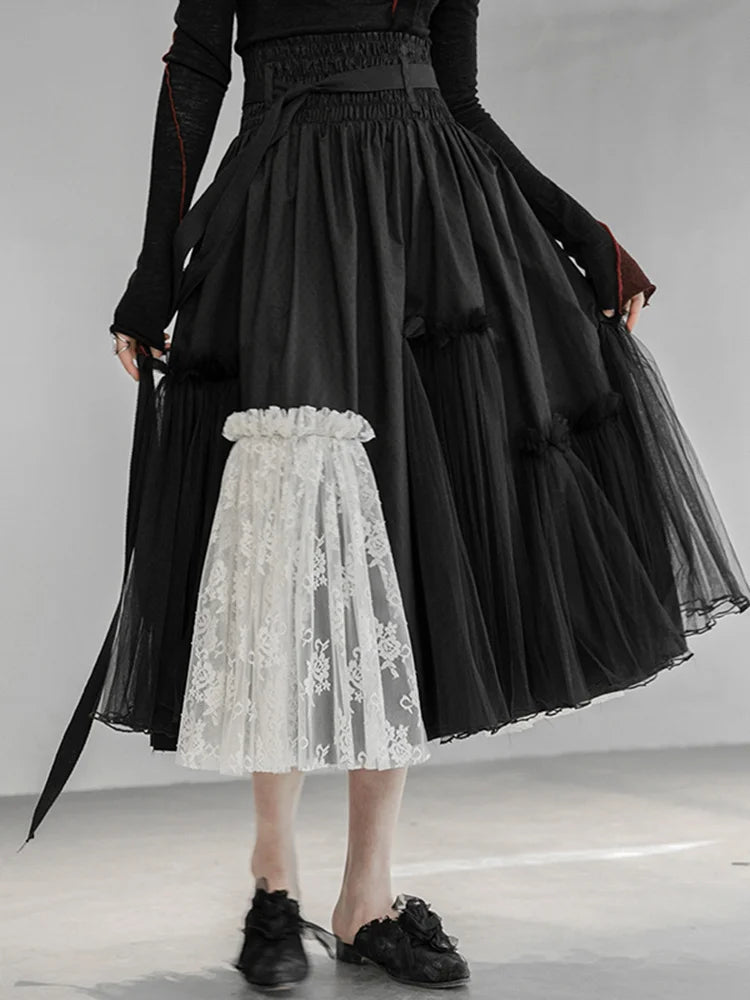 Gothic High-Waisted Tulle & Lace Skirt with Belted Waist – Casual Minimal Goth Collection-SimpleModerne