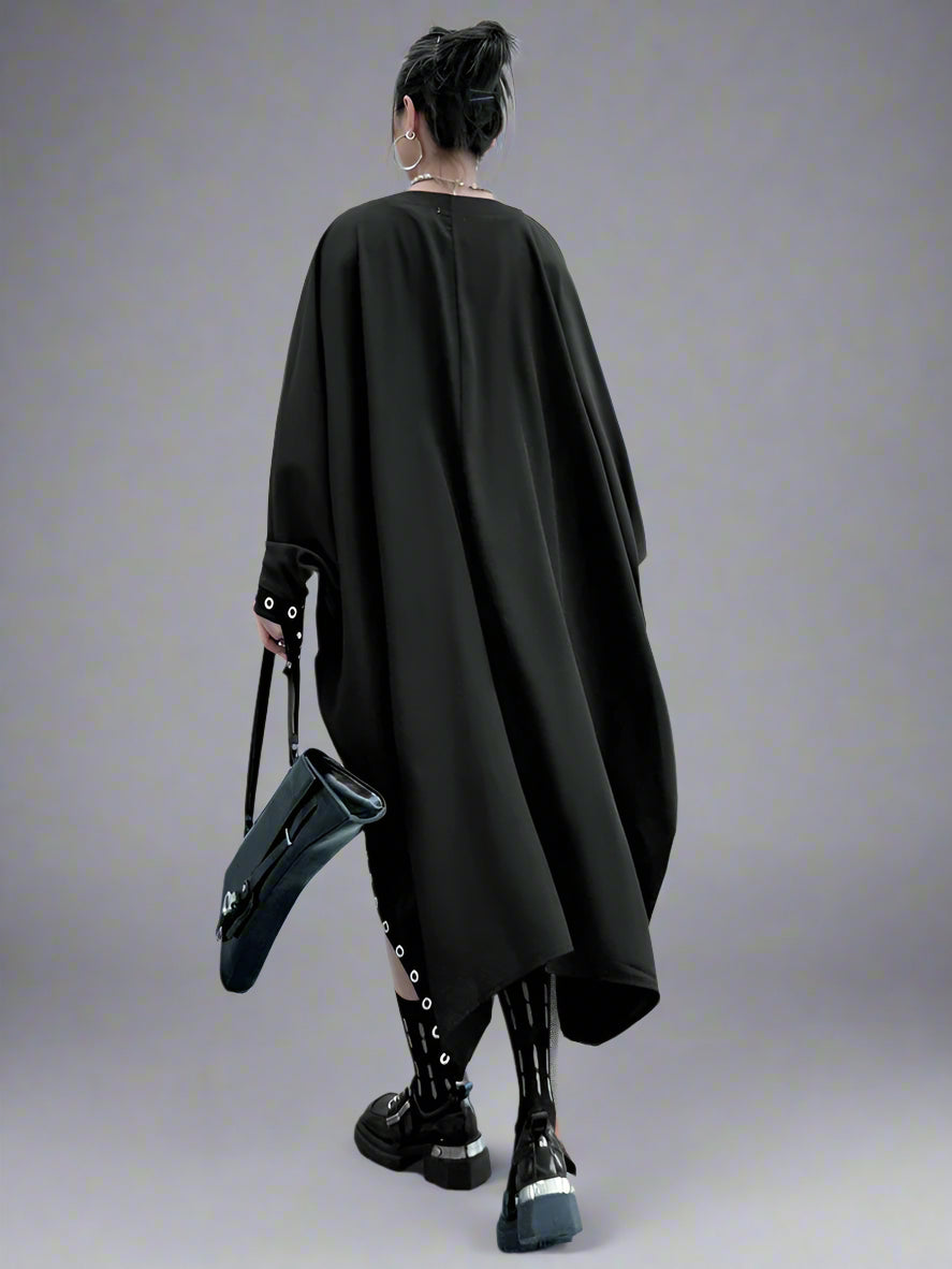 Oversized Rivet-Trim Pullover Dress – Punk-Inspired Cocoon Fit