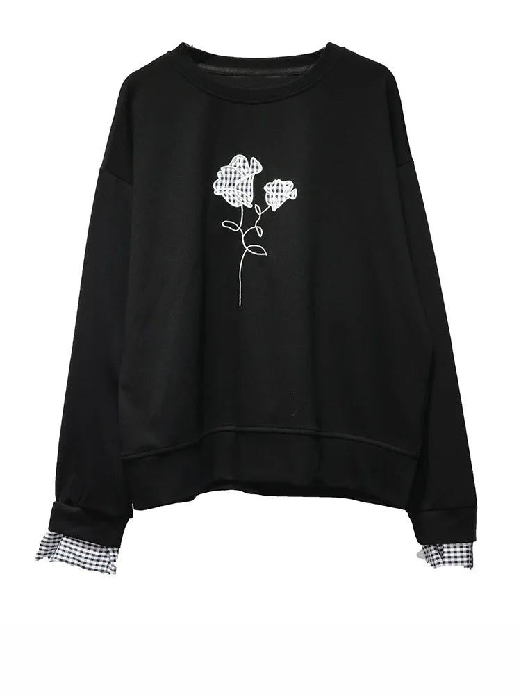 Black Gingham Rose Pullover | Relaxed Alternative Sweatshirt