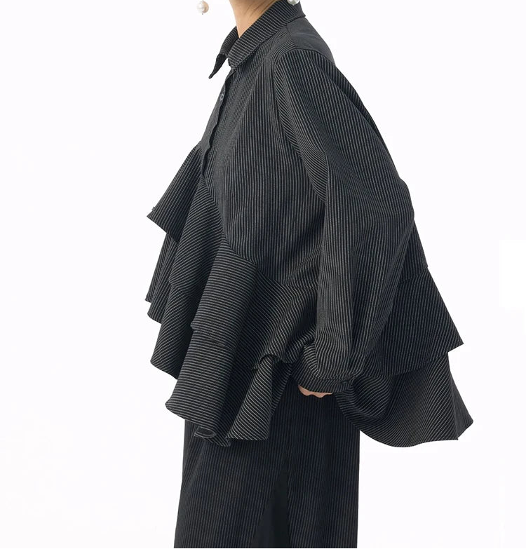 Asymmetrical Ruffle Pinstripe Shirt-SimpleModerne