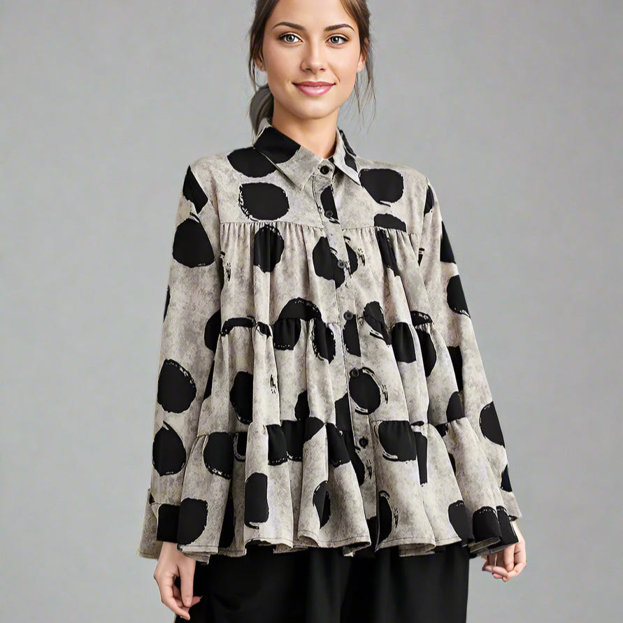 Oversized Polka Dot Smock Shirt with Lantern Sleeves Ruffled Hemline SimpleModerne