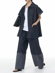 Oversized Frayed Sleeve Denim Shirt – Edgy Vintage Layer-SimpleModerne