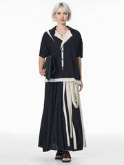 Black & Cream Contrast Button-Up Blouse – Patchwork Trim with Raw Edges-SimpleModerne