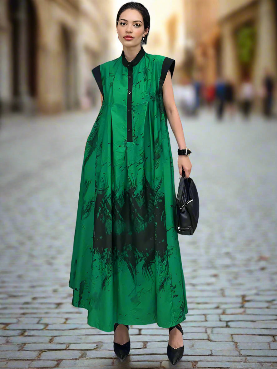 Green Tie-Dye Sleeveless Maxi Dress-SimpleModerne