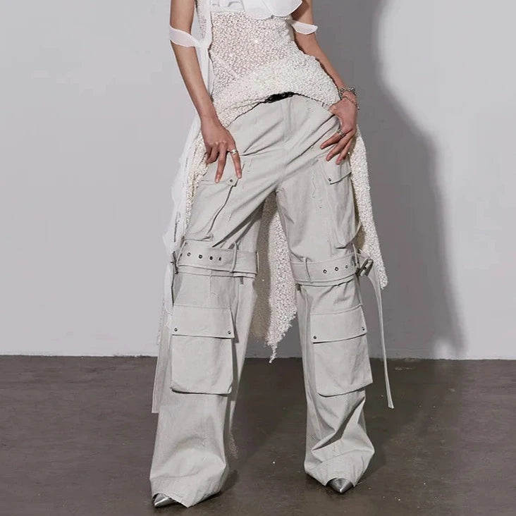 High Waist Long Cargo Pants in Beige - Two Ways Wear with Pockets and Buckle-SimpleModerne