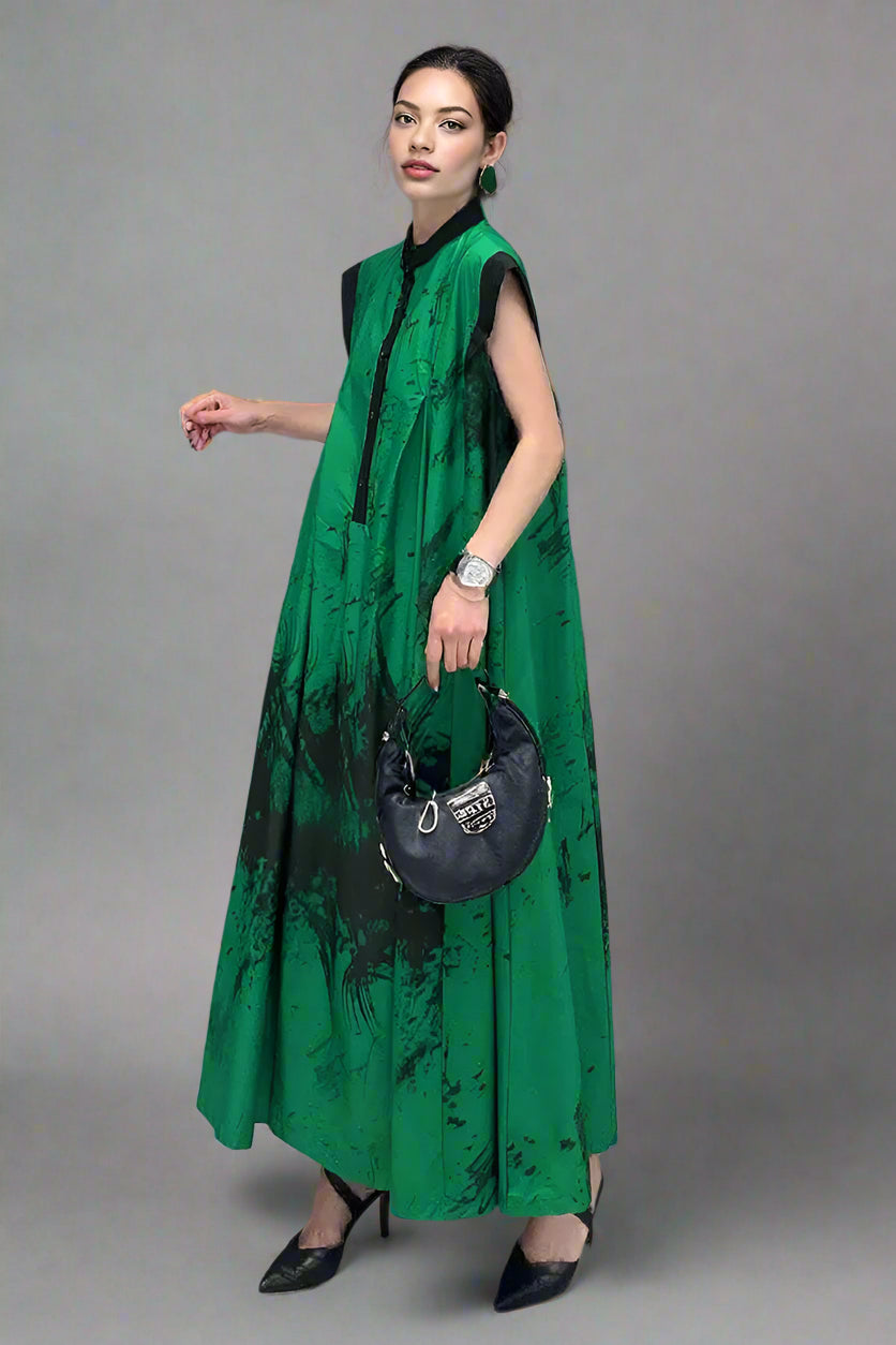 Green Tie-Dye Sleeveless Maxi Dress-SimpleModerne