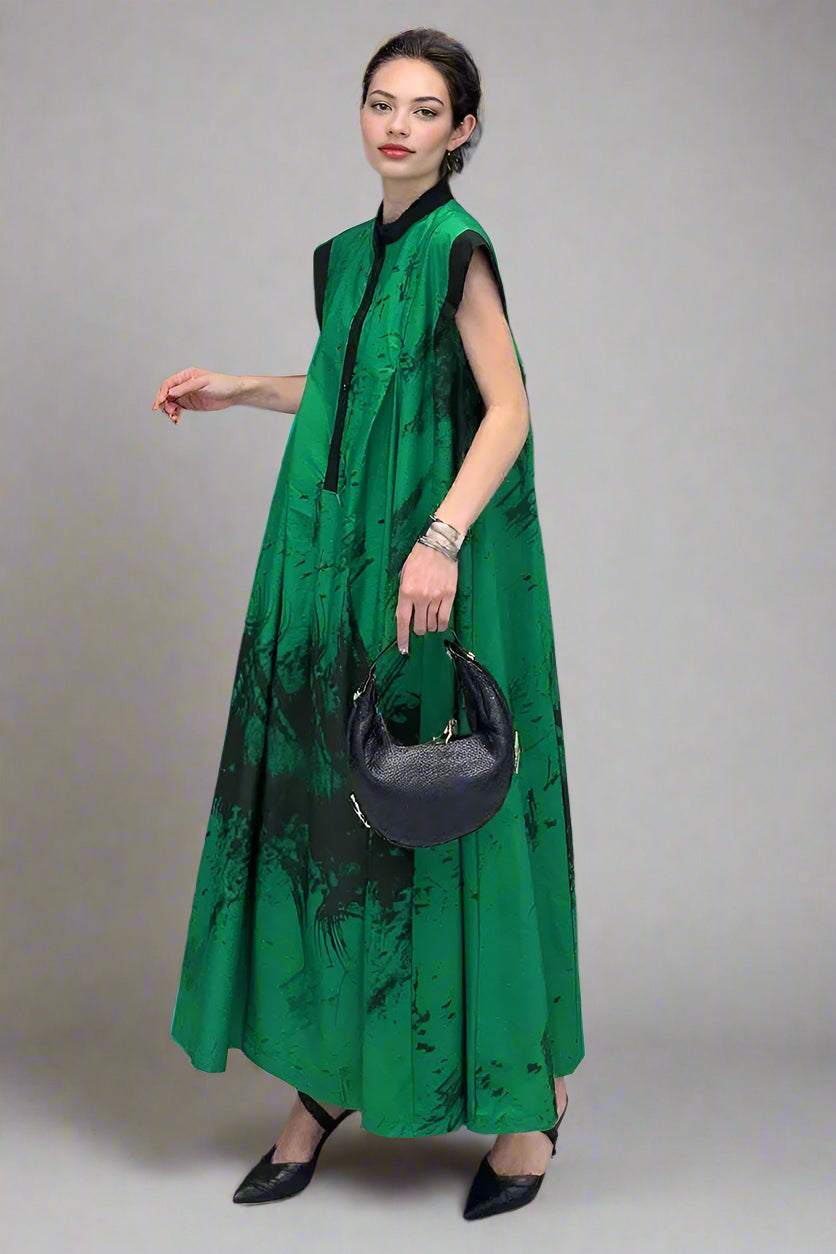 Green Tie-Dye Sleeveless Maxi Dress-SimpleModerne