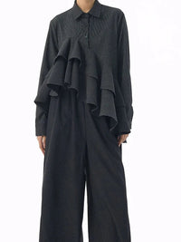 Asymmetrical Ruffle Pinstripe Shirt-SimpleModerne