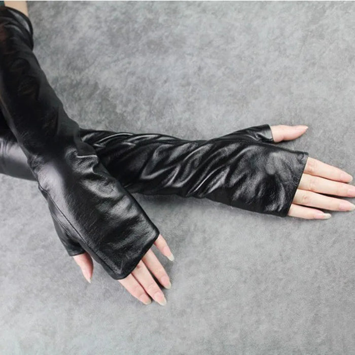 Minimalist Goth Fingerless Leather Gloves – Long Edge Arm Warmers-SimpleModerne