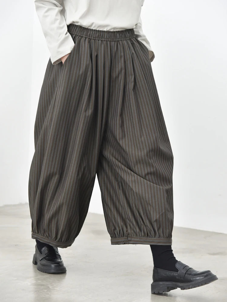 Olive Pinstripe Balloon Trousers | Relaxed Wide Leg