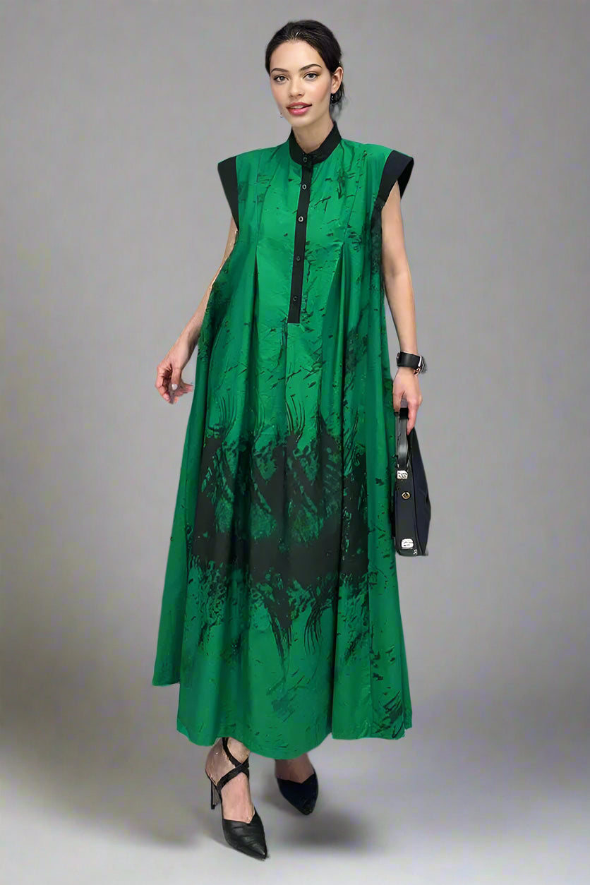 Green Tie-Dye Sleeveless Maxi Dress-SimpleModerne