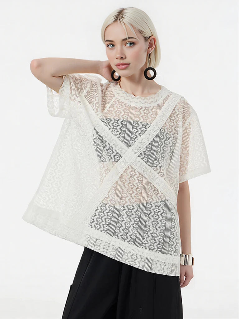 Sheer Lace Overlay Top – Short Sleeve, Relaxed Fit, Statement Layering Piece-SimpleModerne