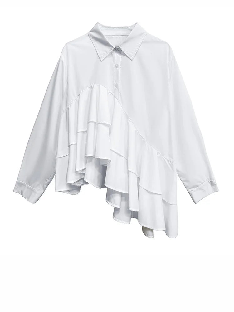 White Asymmetric Ruffle Shirt | Avant-Garde Oversized Blouse-SimpleModerne