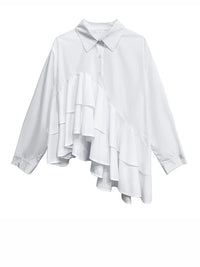 White Asymmetric Ruffle Shirt | Avant-Garde Oversized Blouse-SimpleModerne