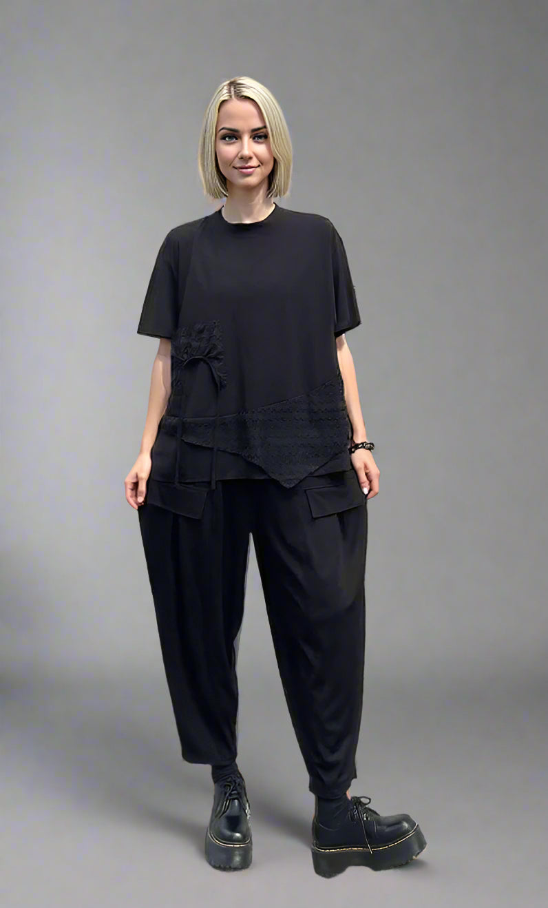 Asymmetrical Pocket Drop-Crotch Trousers – Black-SimpleModerne