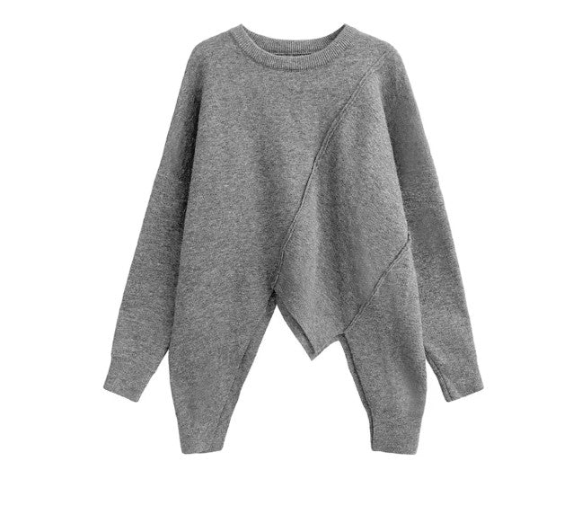 Asymmetrical Hem Oversized Knit Sweater – Gray | Casual Minimal Goth-SimpleModerne