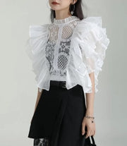 Casual Minimal Goth Ruffled White Shirt-SimpleModerne