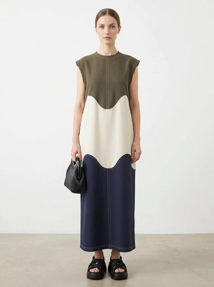 Sculptural Color-Block Midi Dress-SimpleModerne