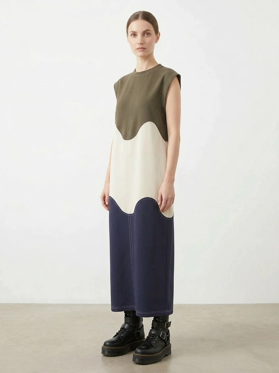 Sculptural Color-Block Midi Dress-SimpleModerne