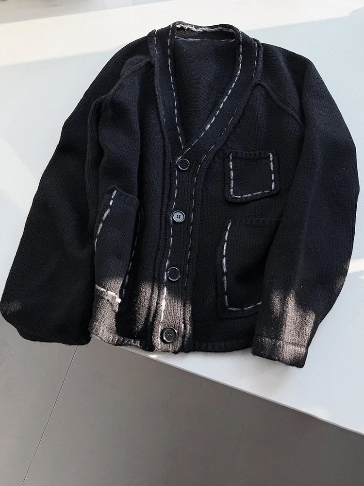 Hand-Stitched Minimal Goth Cardigan – Oversized Textured Knit in Black