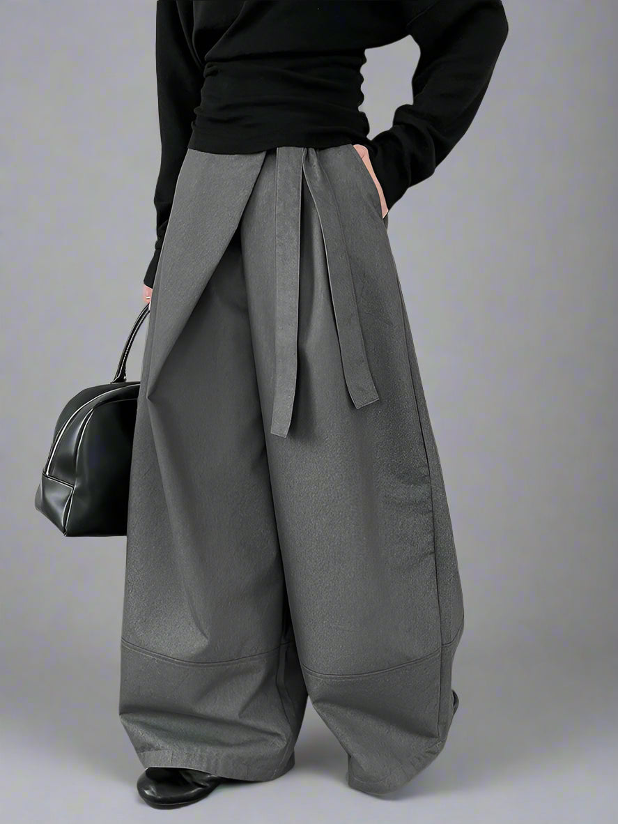 Architectural Wide-Leg Wrap Trousers – Modern Minimalist Design in Grey or Blue