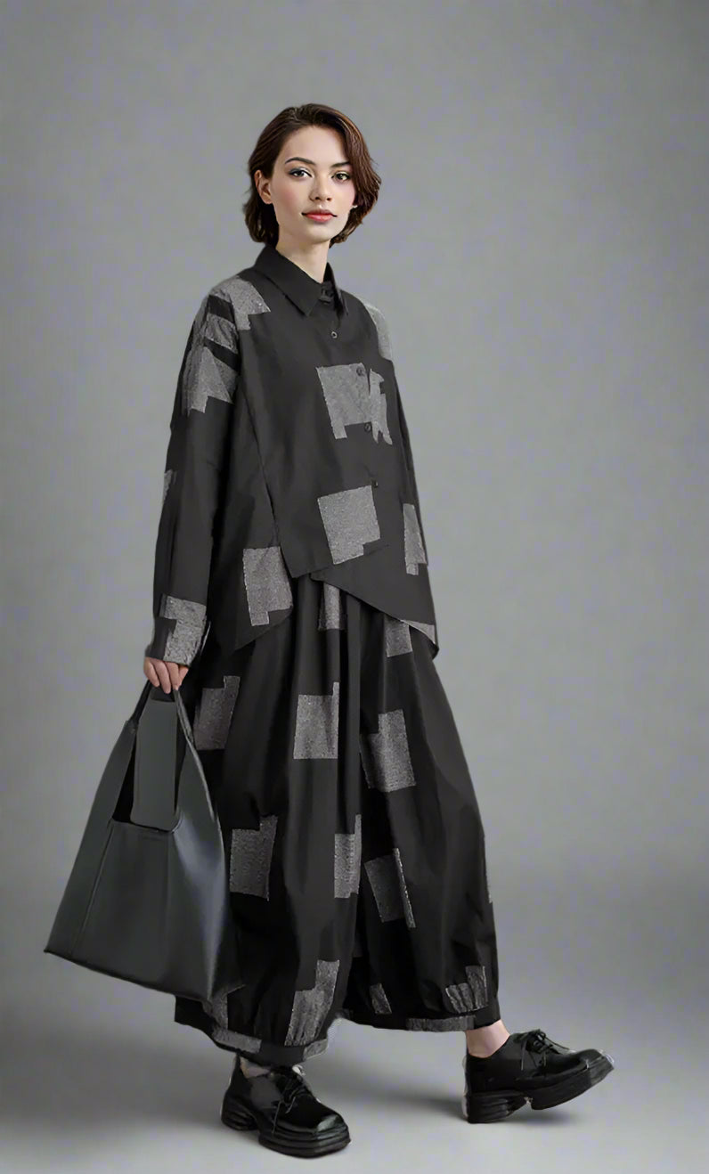 Urban Patchwork Two-Piece Set – Asymmetric Shirt & Wide Capri Pants-SimpleModerne