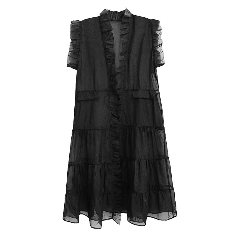 Sheer Gothic Layering Vest – Ruffled Organza Maxi Overlay in Black-SimpleModerne