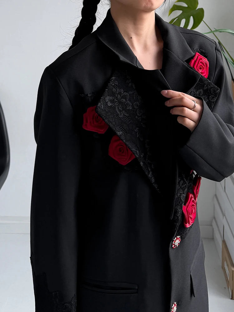 Rose Appliqué Blazer – Gothic Tailoring Statement-SimpleModerne