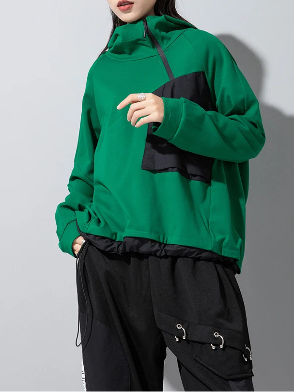 Asymmetric Pocket Hoodie — Green / Black-SimpleModerne