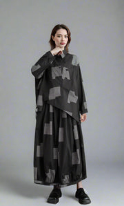 Urban Patchwork Two-Piece Set – Asymmetric Shirt & Wide Capri Pants-SimpleModerne