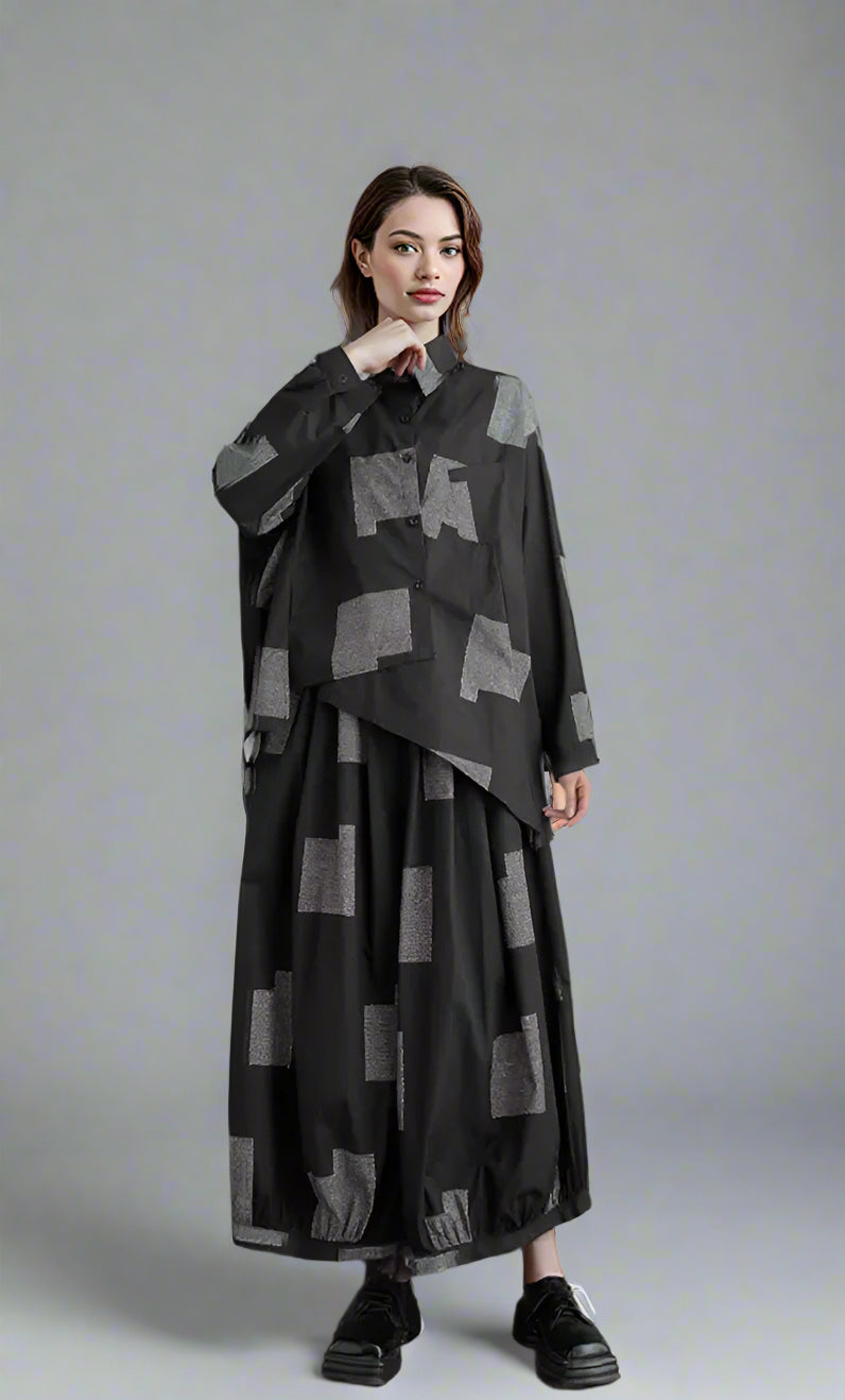 Urban Patchwork Two-Piece Set – Asymmetric Shirt & Wide Capri Pants-SimpleModerne