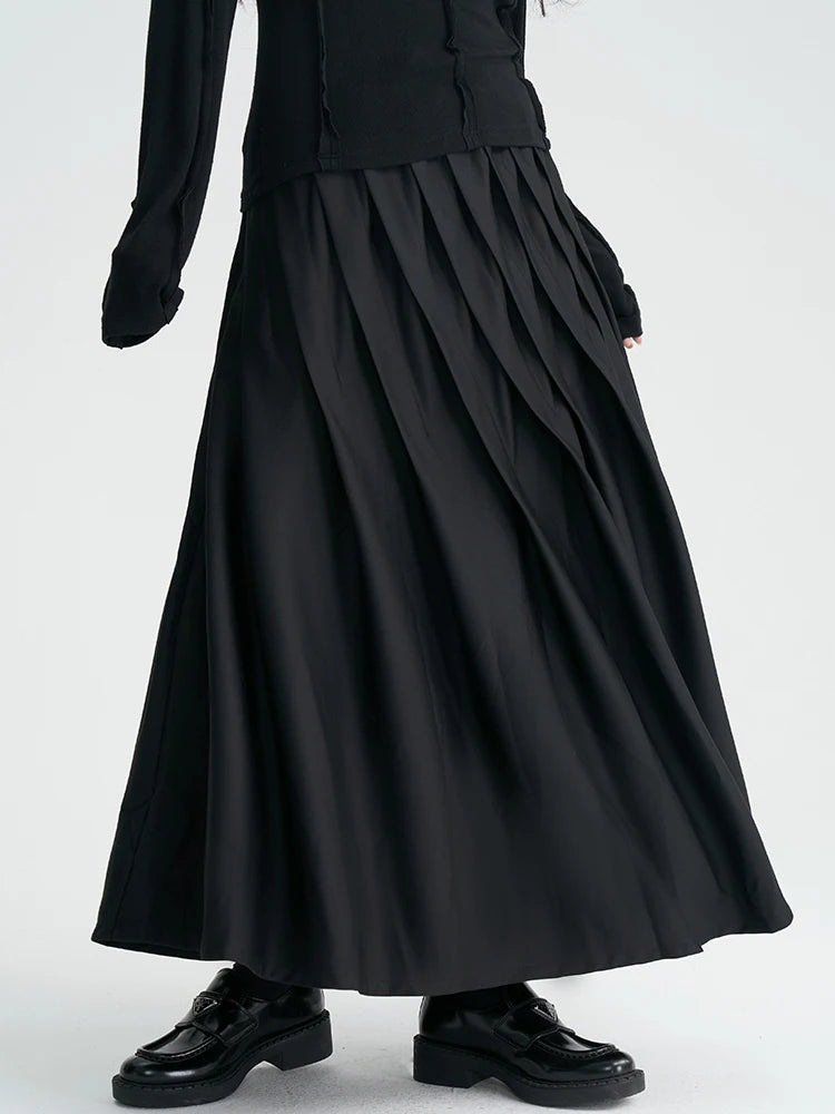 Asymmetrical Pleated Maxi Skirt – Flowing Silhouette, High-Waist, Gothic Elegance-SimpleModerne