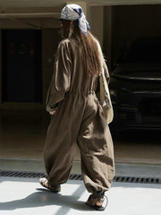 Industrial Wide-Leg Jumpsuit with Adjustable Waist - Coffee-SimpleModerne