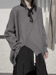 Asymmetrical Hem Oversized Knit Sweater – Gray | Casual Minimal Goth-SimpleModerne