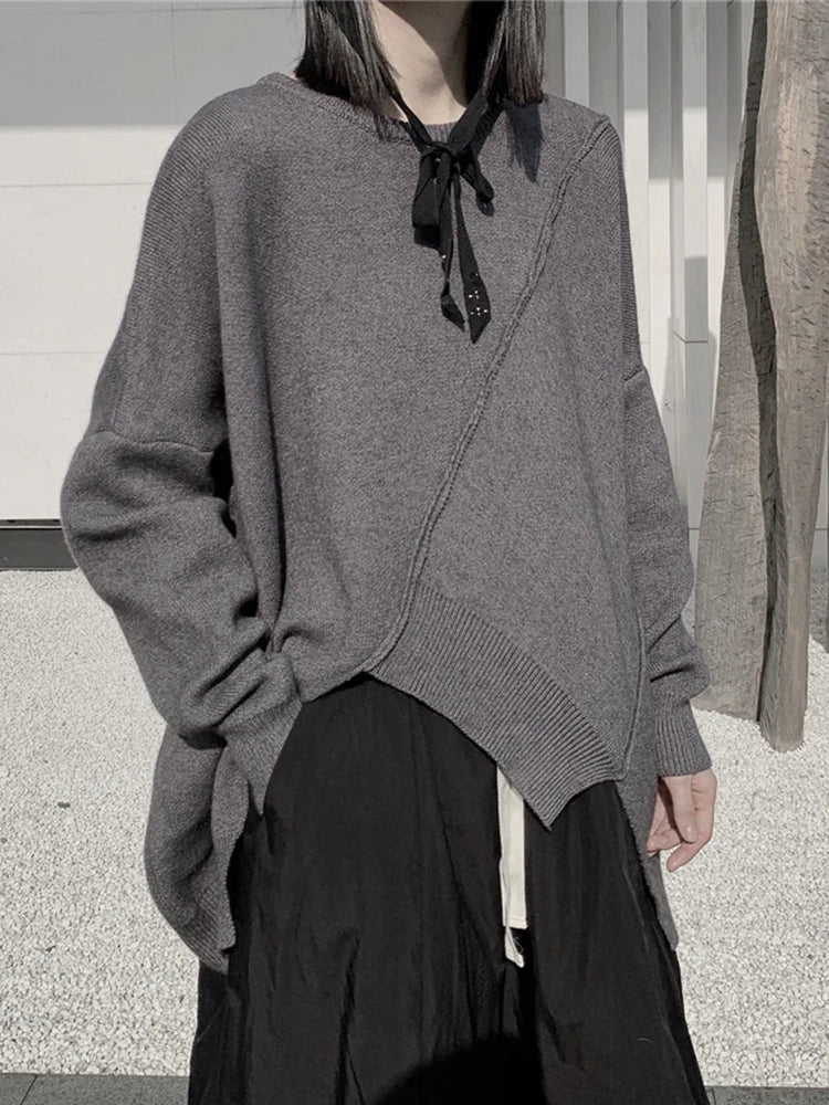 Asymmetrical Hem Oversized Knit Sweater – Gray | Casual Minimal Goth-SimpleModerne