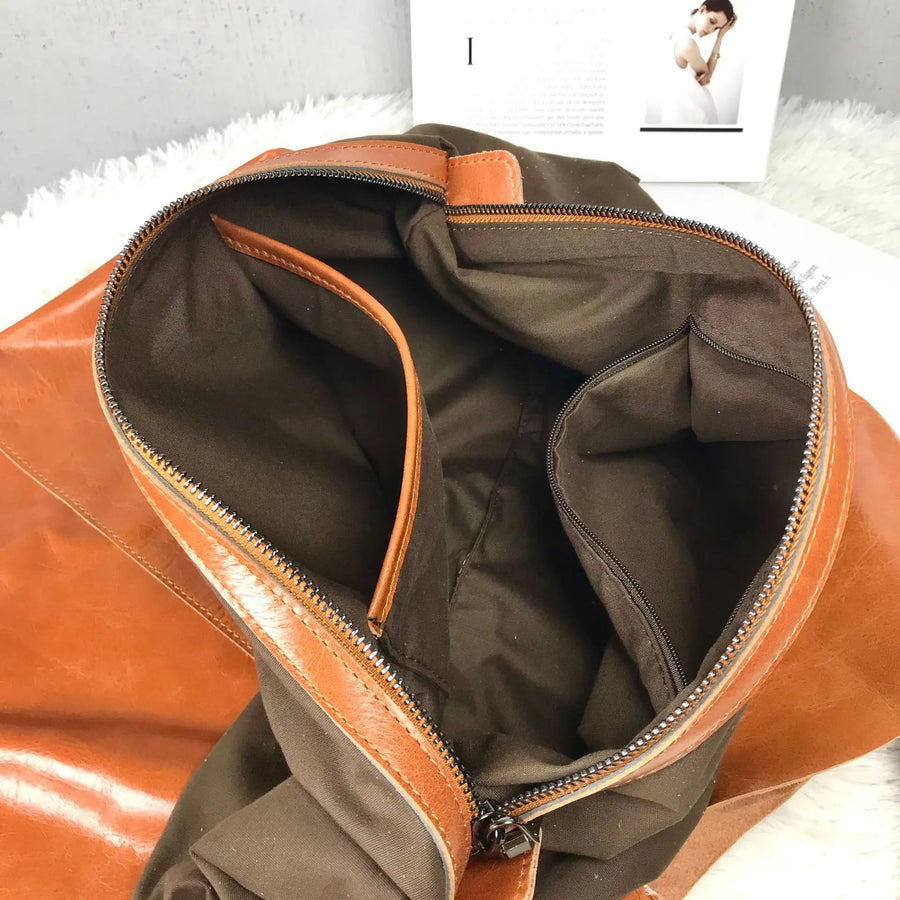 Oversized Vintage Cowhide Shopper – Handmade Leather Tote with Canvas Pouch (Cognac Brown)-SimpleModerne