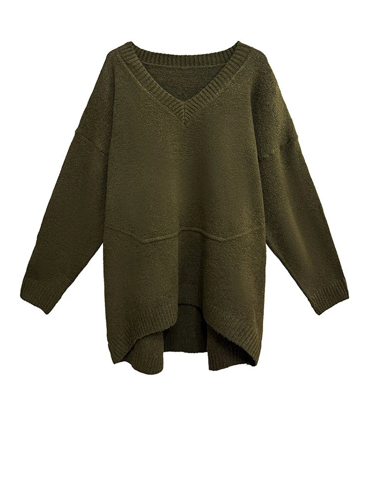 Olive Oversized V-Neck Sweater-SimpleModerne