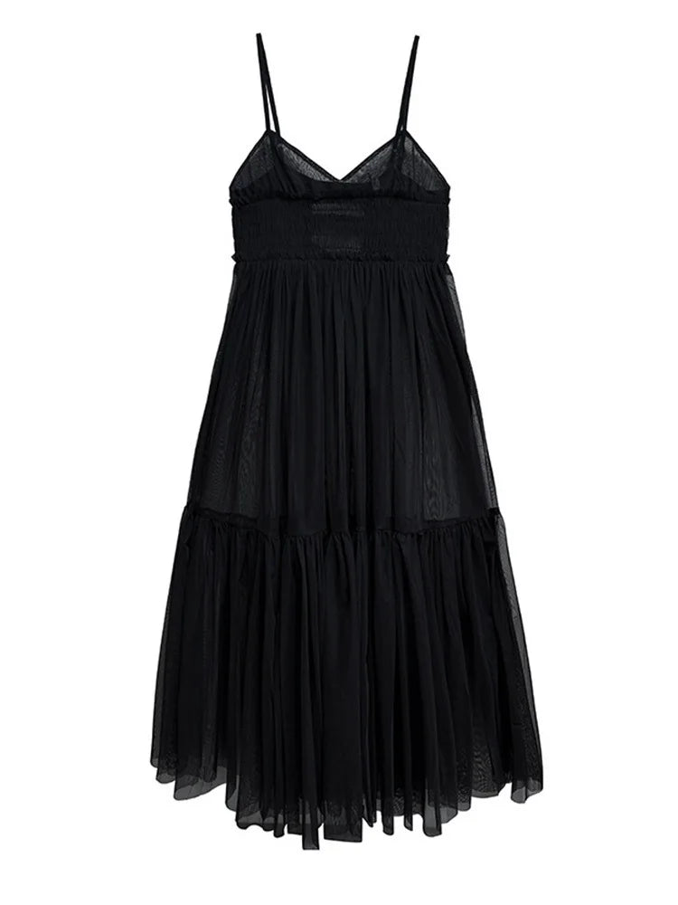 Sheer Overlay Dress with Spaghetti Straps-SimpleModerne