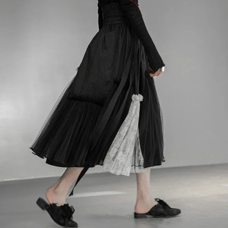 Gothic High-Waisted Tulle & Lace Skirt with Belted Waist – Casual Minimal Goth Collection-SimpleModerne