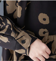 Loose Fit Black Shirt Dress with Abstract Brown Floral Print-SimpleModerne